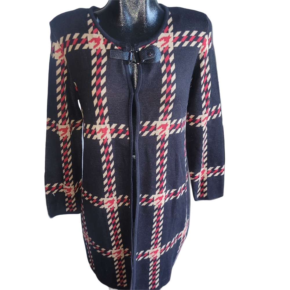 Kasper Plaid Mid-length Cardigan with Buckle Detail M